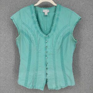 Soft Surroundings VTG Embroidered Top Size M Teal Renaissance Button Front Retro